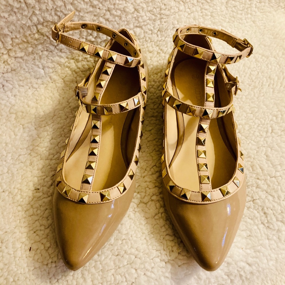 Wild Diva Womens Pippa Studs Pointy T Bar Flats